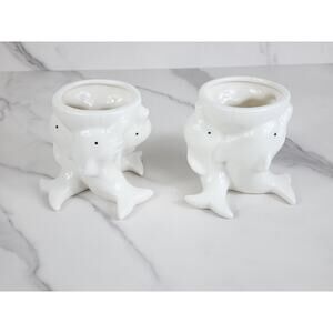 Mini Planters Dolphin Shaped w/ Drainage Indoors 4" White Ceramic Home Decor x2